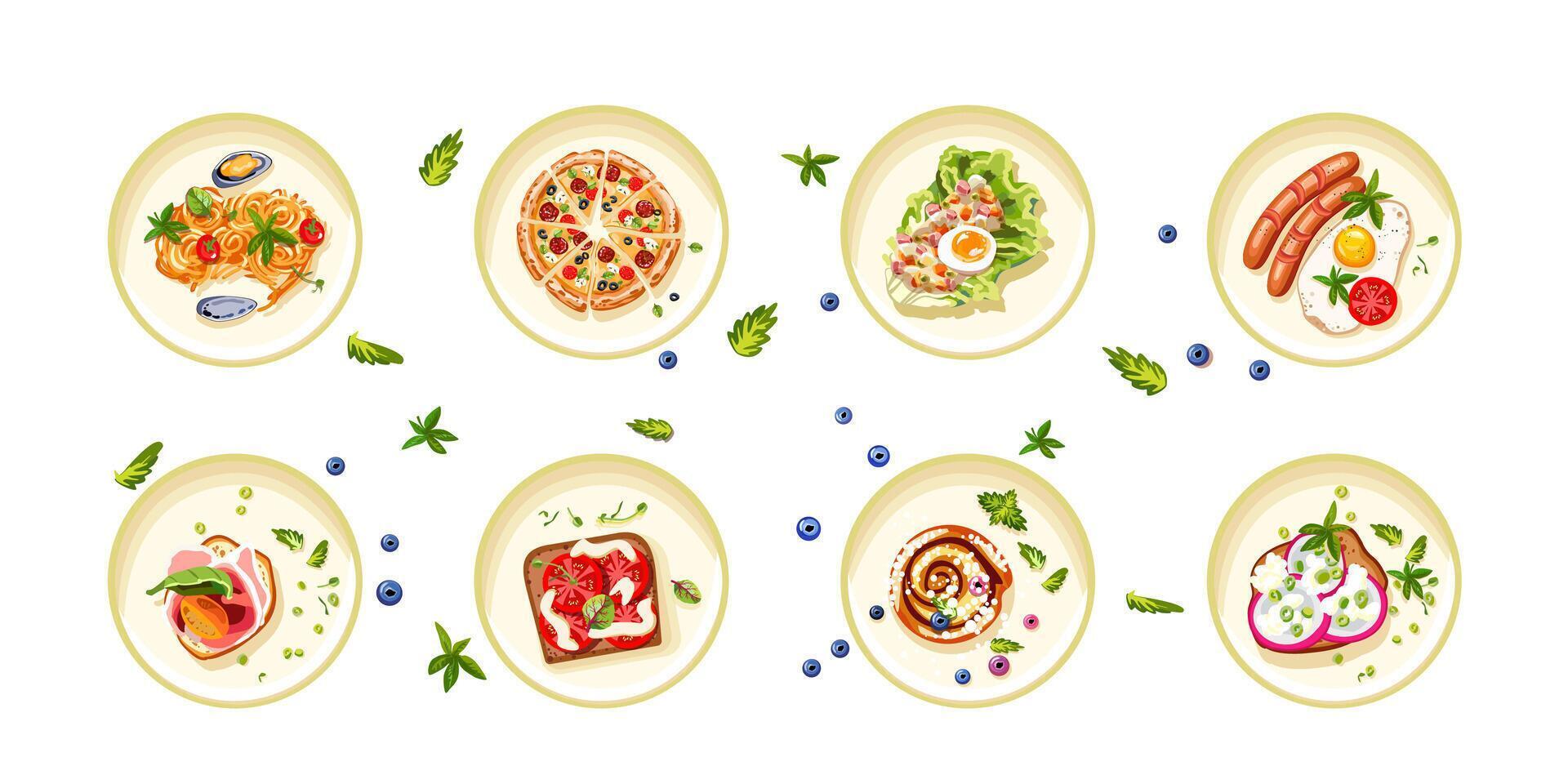 en uppsättning av snabb mat och snacks för utskrift på Kafé och restaurang menyer. friska mat. italiensk maträtter, desserter för frukost, lunch, och middag. vektor illustration.