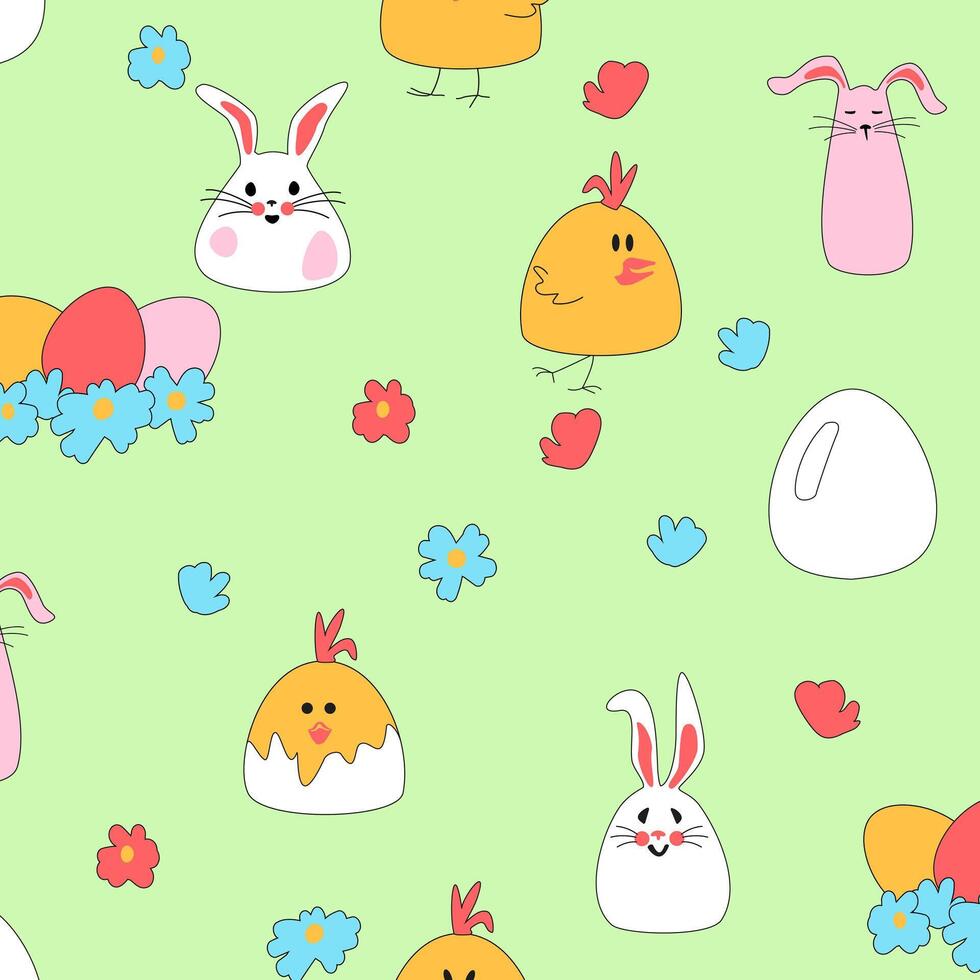 nahtlos Muster mit Ostern Hühner, Hasen, Eier im ein Nest. Gänseblümchen auf ein Grün Hintergrund zum Baby Produkte. süß Kaninchen zum Baby Kleidung. Vektor Illustration zum Drucken Verpackung, Stoff und