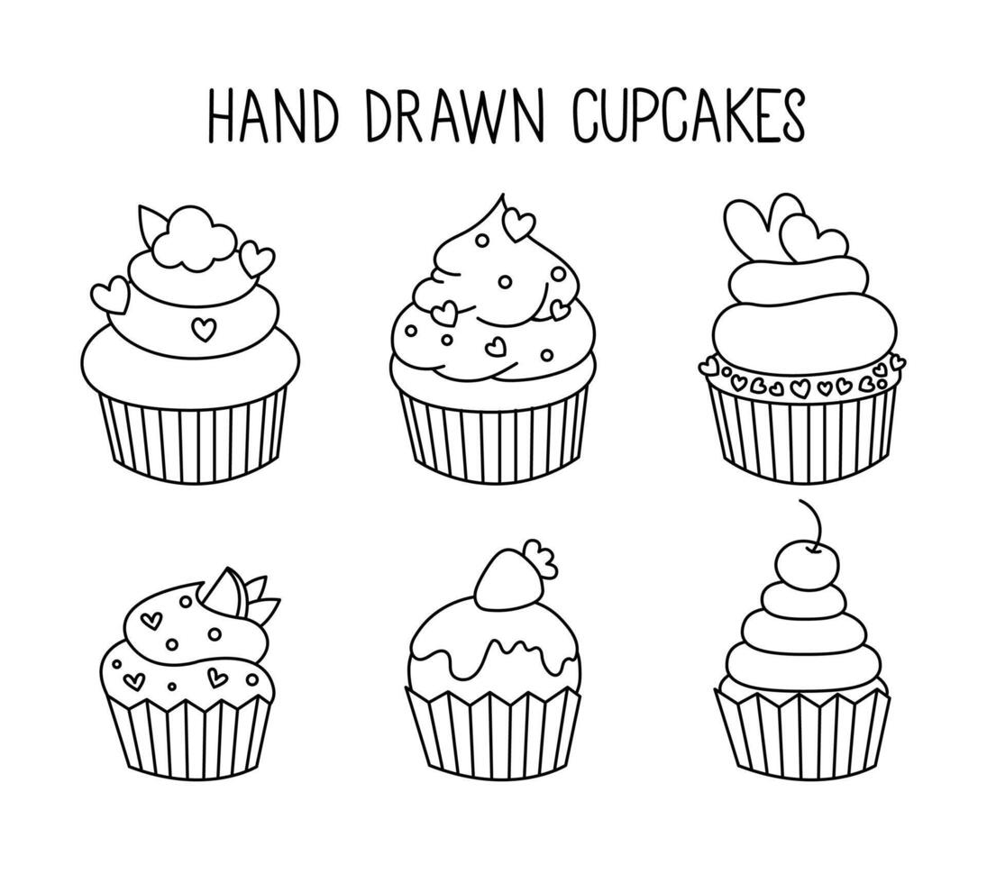 Cupcakes Gekritzel Satz. Nachspeisen und Süßigkeiten im skizzieren Stil. Hand gezeichnet Vektor Illustration isoliert auf Weiß Hintergrund