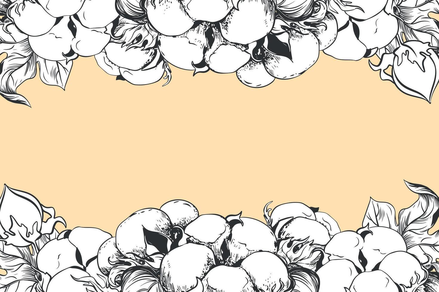 rektangulär horisontell ram med bomull blommor och Plats för text. linjär skiss av vit bomull bollar, löv och grenar. retro bläck vektor illustration. design för märka, märka, bröllop inbjudan.