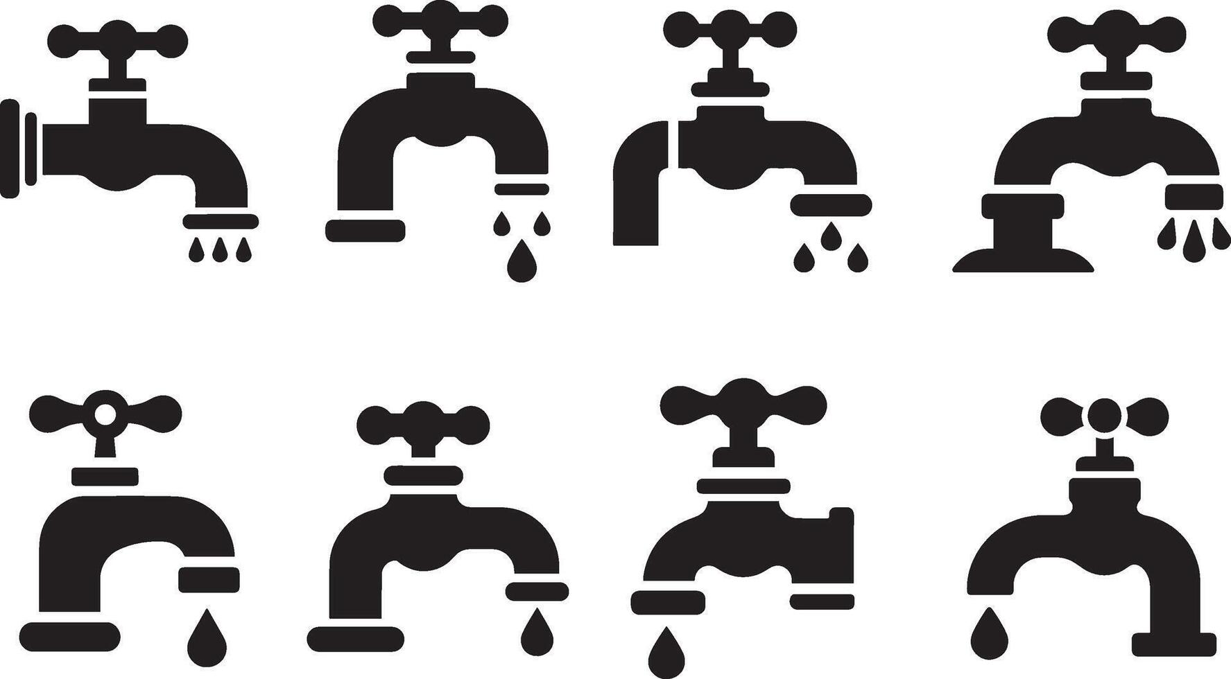 Wasserhahn mit Gießen Wasser Vektor Symbol Satz. Badezimmer Wasserhahn Symbol eben und Linie Stil. Wasser Zapfhahn Sammlung.