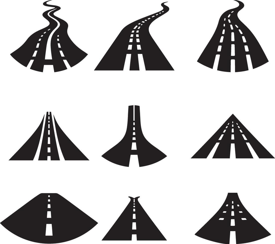 Vektor schwarz Auto Straße Symbole einstellen auf Weiß Hintergrund. Autobahn Symbole. Straße Zeichen. Reise der Verkehr gebogen Autobahn.