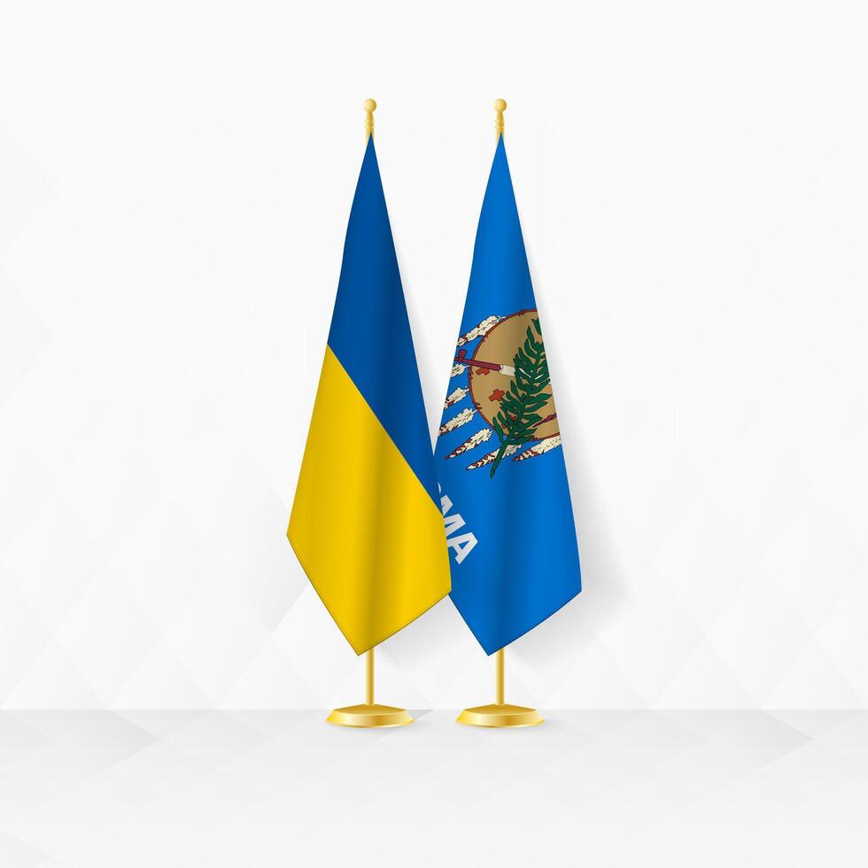 Ukraine und Oklahoma Flaggen auf Flagge Stand, Illustration zum Diplomatie und andere Treffen zwischen Ukraine und Oklahoma. vektor