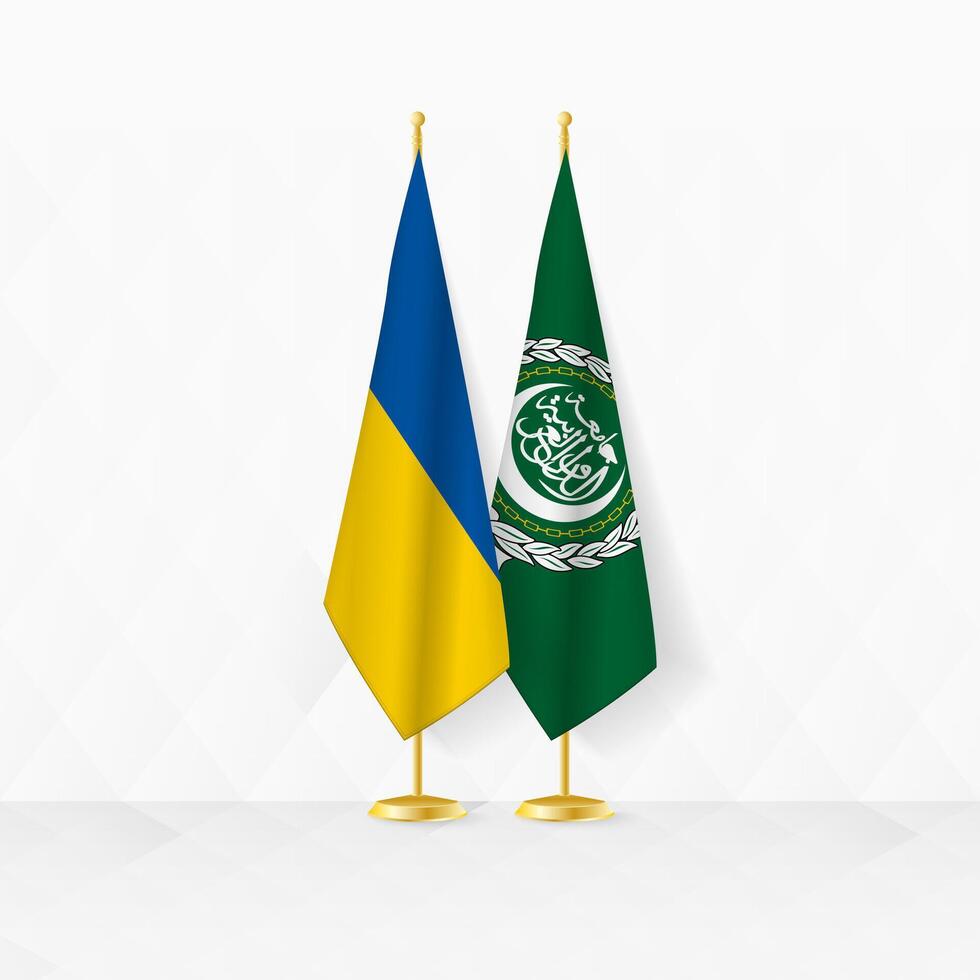 ukraina och arab liga flaggor på flagga stå, illustration för diplomati och Övrig möte mellan ukraina och arab liga. vektor