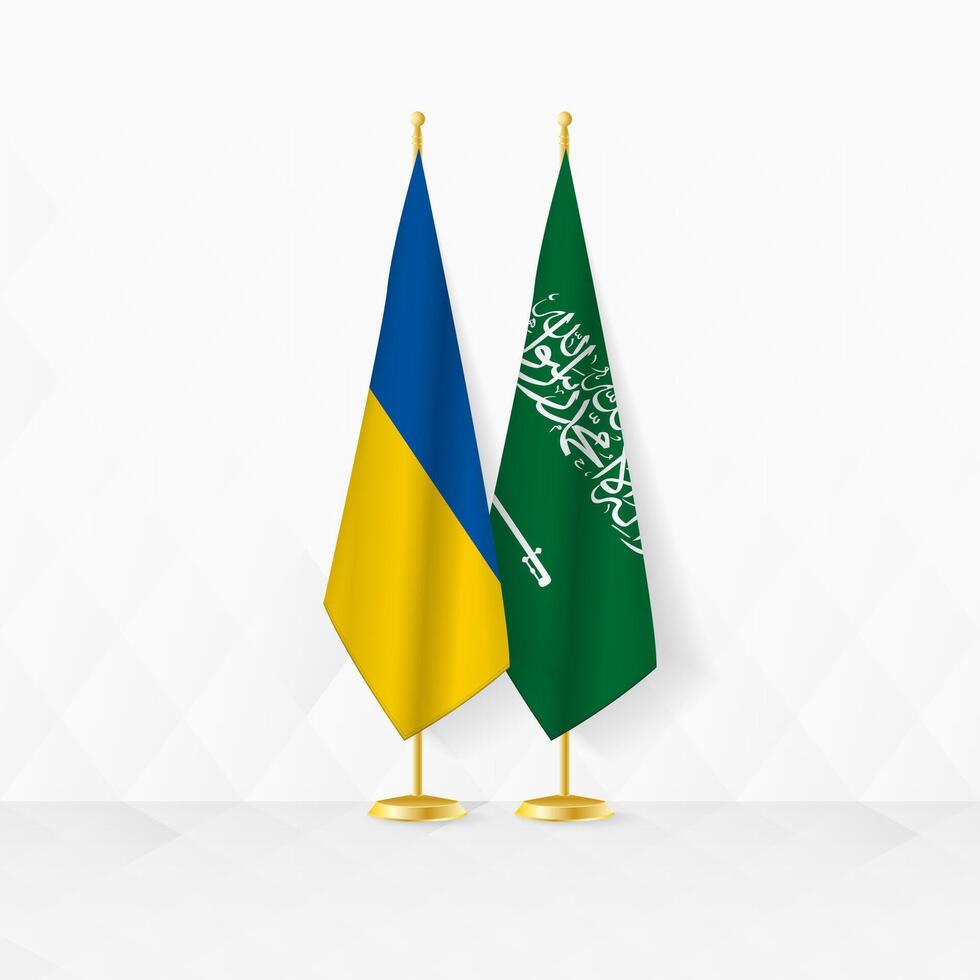 ukraina och saudi arabien flaggor på flagga stå, illustration för diplomati och Övrig möte mellan ukraina och saudi arabien. vektor