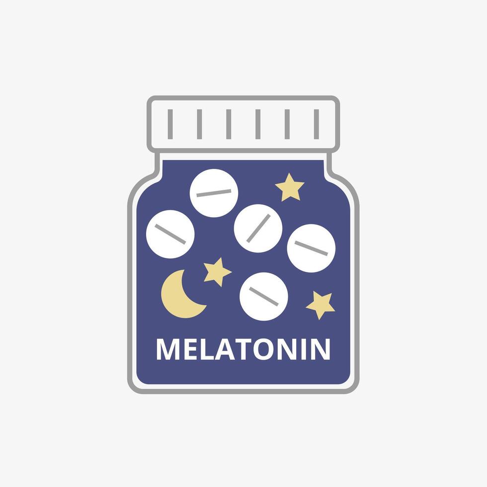 Melatonin Flasche mit Pillen. Kapseln zum schlafen. Schlaflosigkeit Erkrankung. Vektor Illustration