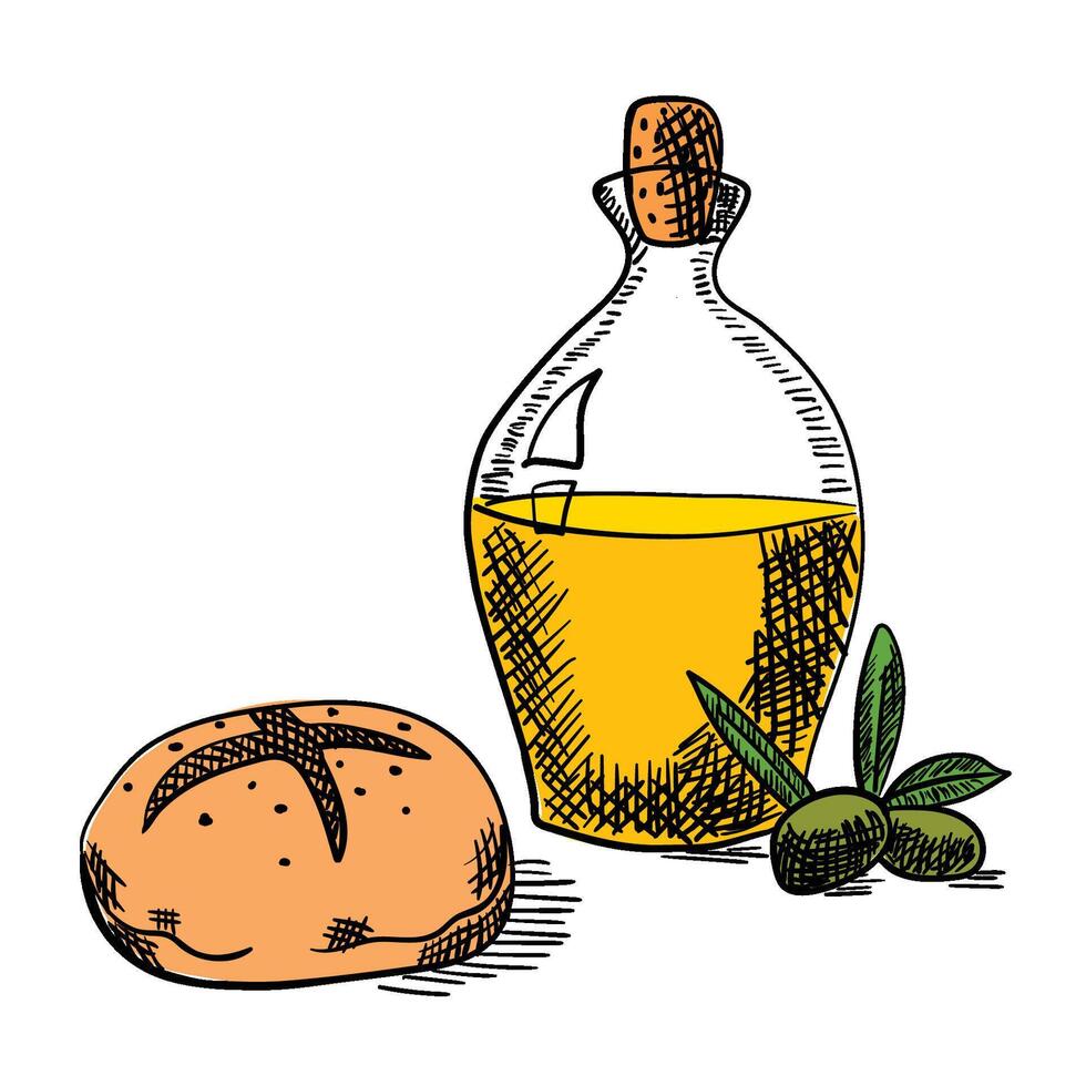 Hand gezeichnet Vektor Flasche von Olive Öl und ein gebacken Brot