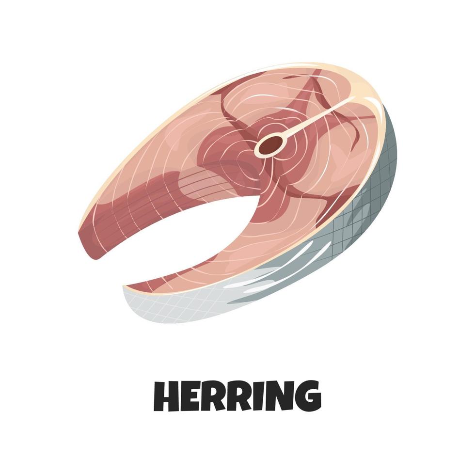 Vektor-realistische Darstellung von Heringssteak isoliert auf weißem Hintergrund. leckeres Fischfilet im Cartoon-Stil. Konzeptdesign kann für Menüs, Banner, Poster von Restaurants, Fischgeschäften verwendet werden vektor