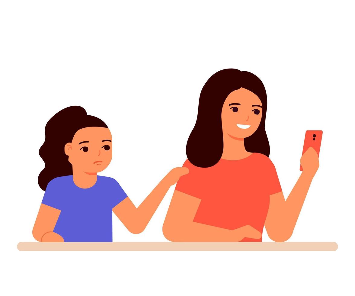 intresserad mamma använder i smartphone och ignorera barn flicka. ledsen dotter ber om uppmärksamhet på sig själv. vektor illustration