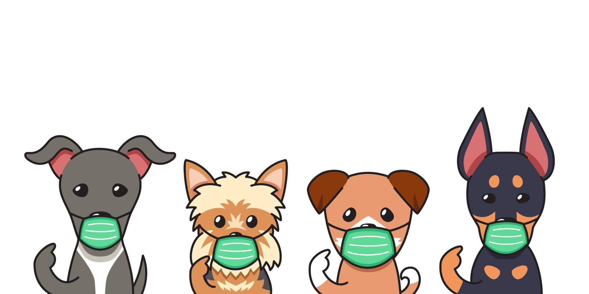 Reihe von Cartoon-Charakterhunden, die schützende Gesichtsmasken tragen vektor