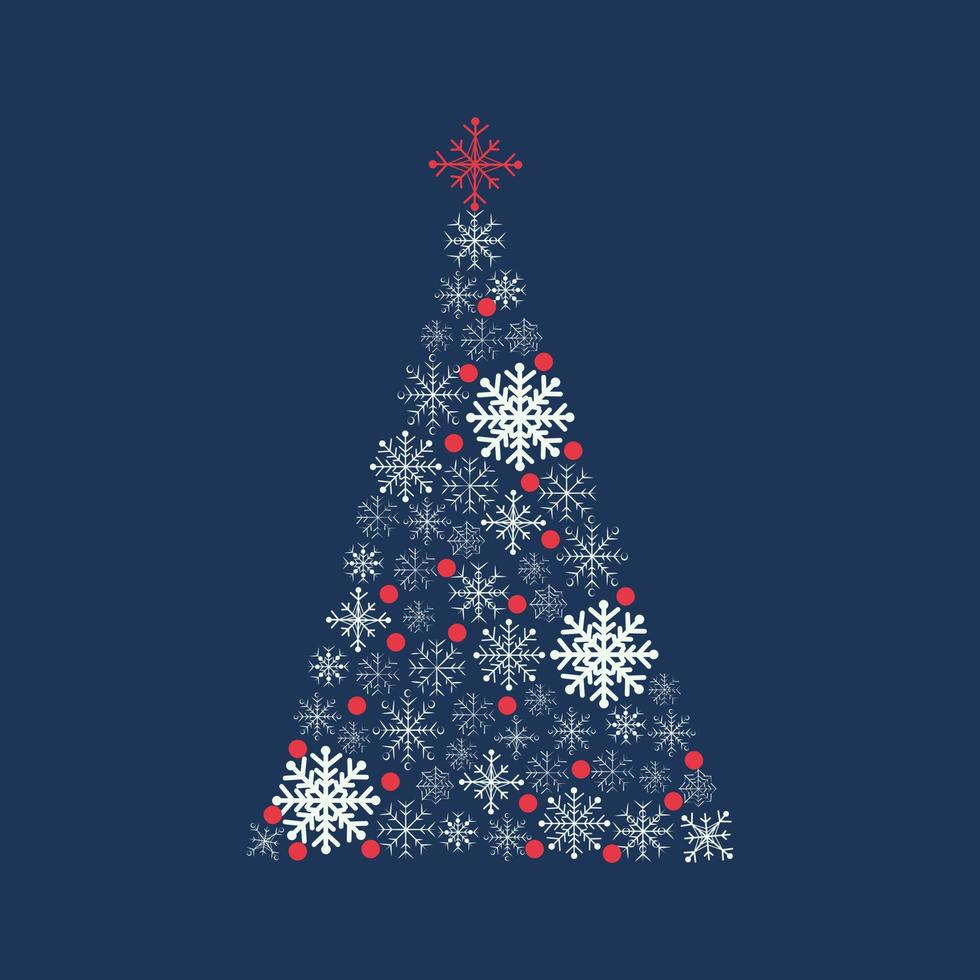 gratulationskort med en julgran i form av blå och röda snöflingor. vinter dekoration, banderoll vektor