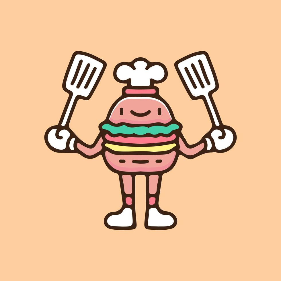 Maskottchen-Burger mit Kochmütze und Spachtel-Illustration. Vektorgrafiken für T-Shirt-Drucke und andere vektor