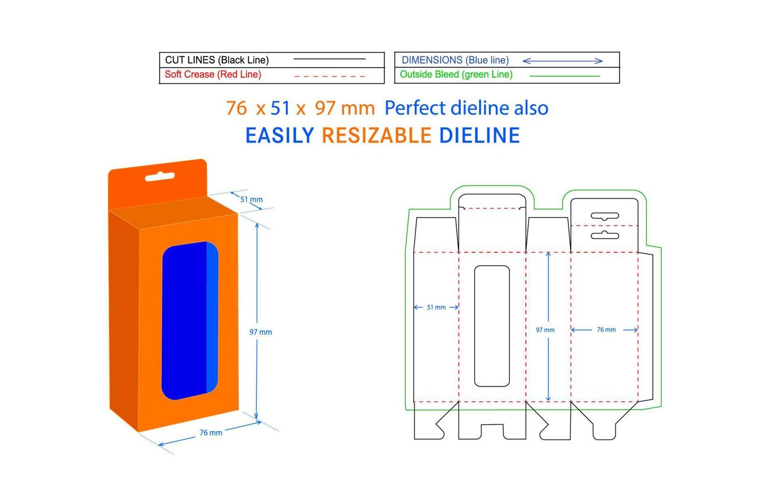 Mobile Ladebox mit Schnappverschluss unten, Fensterbox zum Aufhängen, 76 x 51 x 97 mm Box Dieline-Verpackungsdesign und 3D-Box vektor