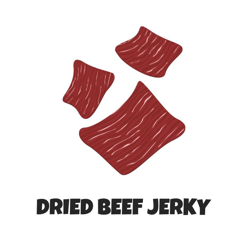 Vektor-realistische Darstellung von getrocknetem Trockenfleisch. getrocknetes rotes Fleisch ist wie ein Snack für die Ernährung von Fleischfressern. Konzeptdesign von knusprigem Fleischprodukt im flachen Stil. fleischige Vorspeise in Premium-Qualität vektor