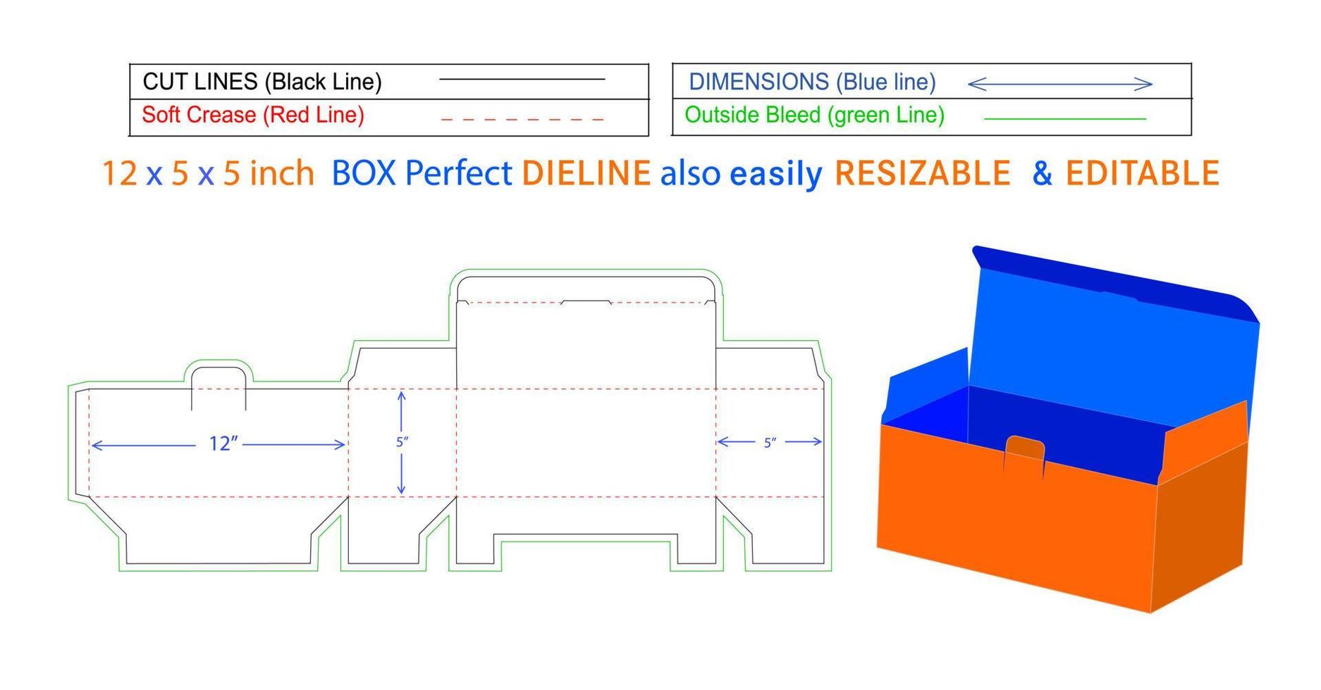 stor storlek kirurgisk ansiktsmask box dieline och 3d box vektor fil 12 x 5 x 5 tum box dieline även storleksändringsbar och redigerbar