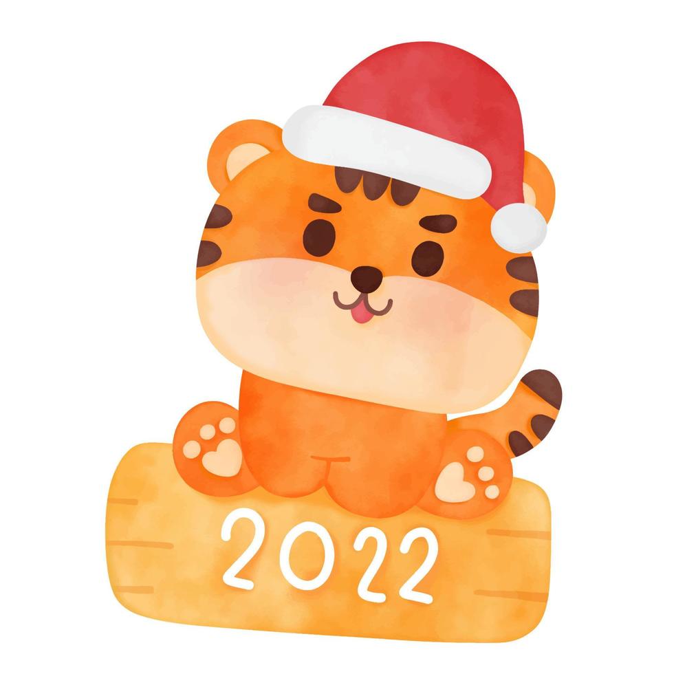 Tiger Aquarell tragen süße Weihnachtsmütze mit Weihnachtsetikett 2022 vektor