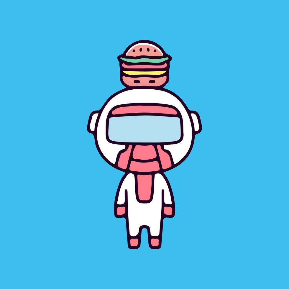 kleiner Astronaut mit Burger auf Kopfillustration. Vektorgrafiken für T-Shirt-Drucke und andere Zwecke. vektor