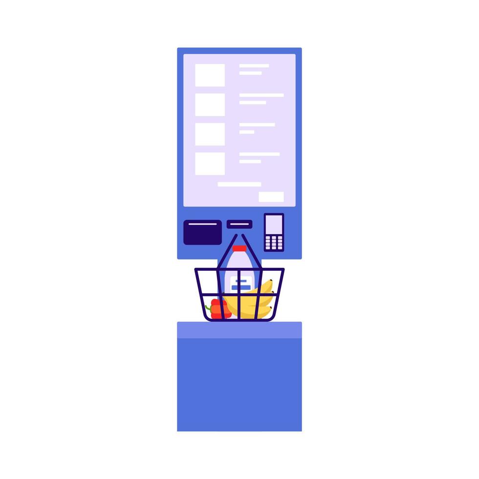 Self-Checkout-Shop. Bezahlen von Produkten am elektronischen Gerät. Selbstbedienung am Terminal mit Scanner. Geldautomat mit Monitor. flache Vektorgrafik vektor