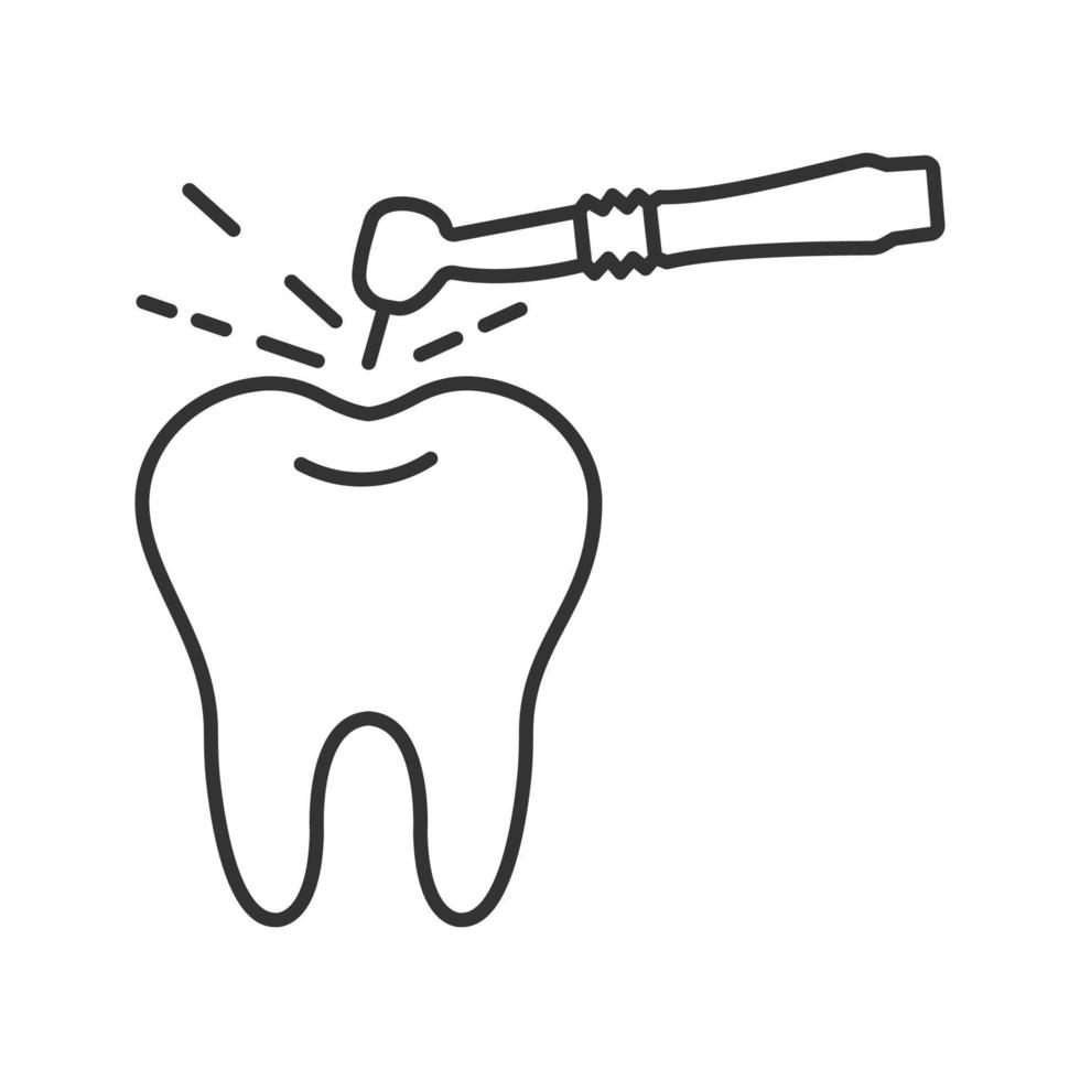 tand borrning process linjär ikon. tandvård. tunn linje illustration. dental handstycke. kontur symbol. vektor isolerade ritning