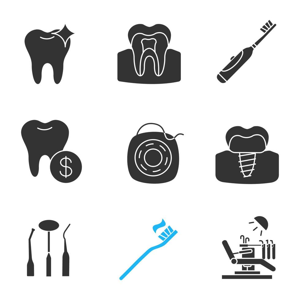 Zahnmedizin-Glyphe-Symbole gesetzt. gesunder Zahn, elektrische Zahnbürste, Preise für zahnärztliche Leistungen, Implantat, stomatologische Instrumente, Zahnseide, Zahnarztstuhl. Silhouette-Symbole. isolierte Vektorgrafik vektor