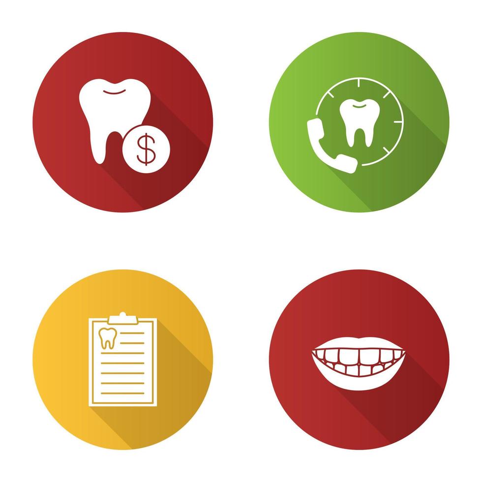 Zahnmedizin flaches Design lange Schatten Glyphe Icons Set. Stomatologie. Preise für zahnärztliche Leistungen, Anruf beim Zahnarzt, Zahndiagnosebericht, schönes Lächeln. Vektor-Silhouette-Abbildung vektor