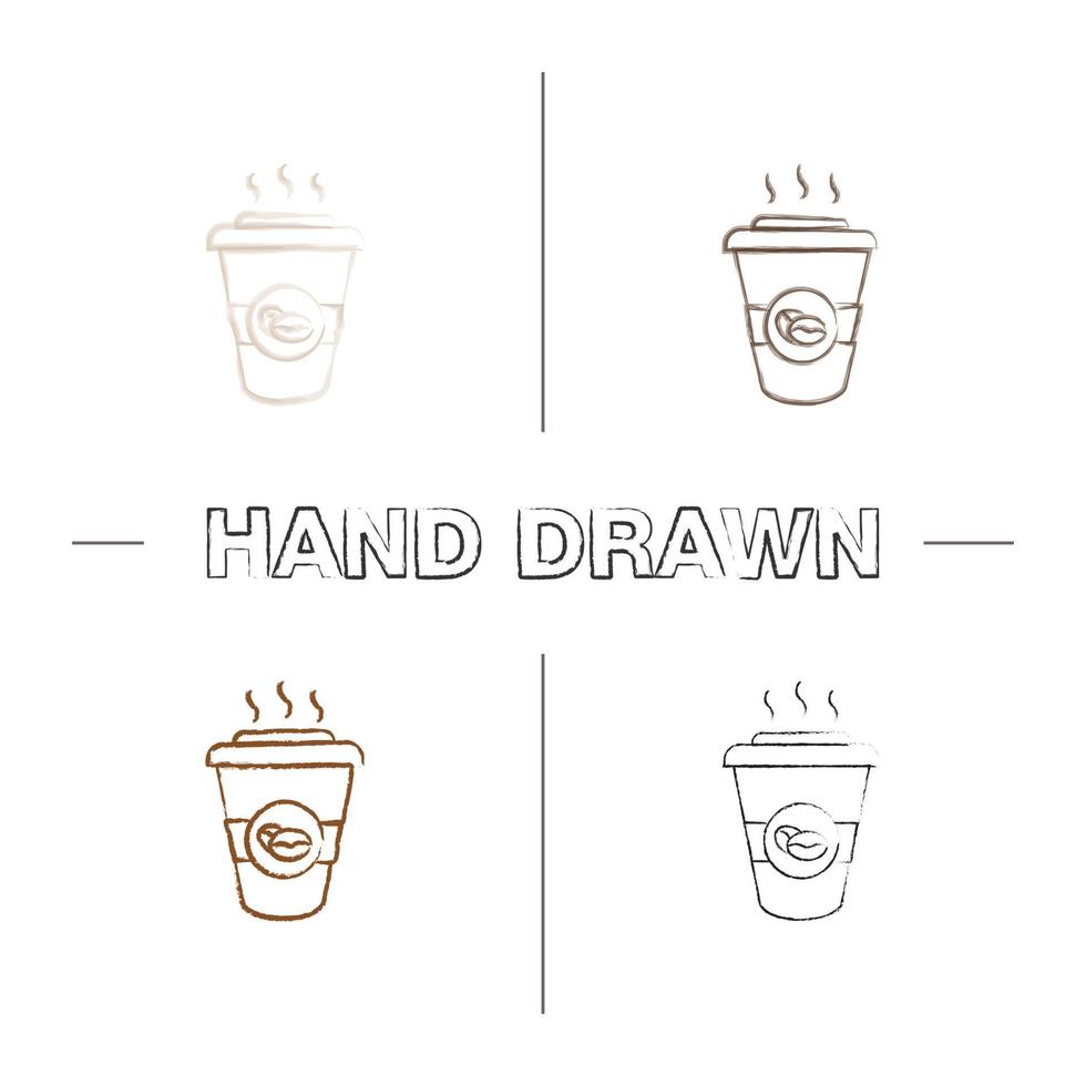 Kaffee zum Mitnehmen handgezeichnete Icons Set. Einweg-Kaffeetasse mit Deckel. Farbe Pinselstrich. isolierte skizzenhafte Vektorgrafiken vektor