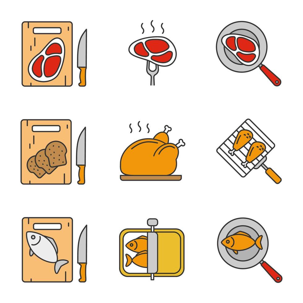 matlagning färg ikoner set. skärbrädor med bröd, kött och fisk, steka lax och köttbiffar, skarpsill, grilla kycklingklubbor och kalkon. isolerade vektorillustrationer vektor