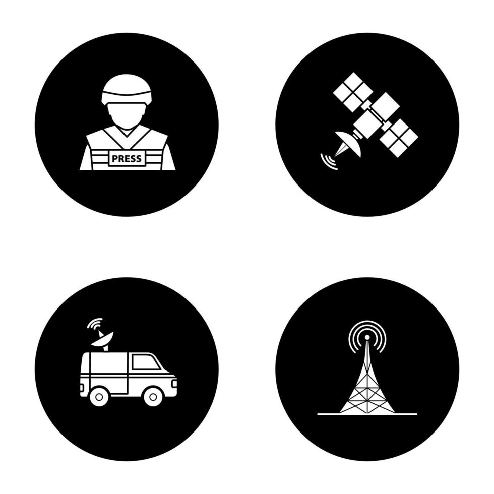 Massenmedien-Glyphen-Icons gesetzt. Drücken Sie. Kriegsberichterstatter, Satellitensignal, Nachrichtenwagen, Funkturm. Vektorgrafiken von weißen Silhouetten im schwarzen Kreis vektor