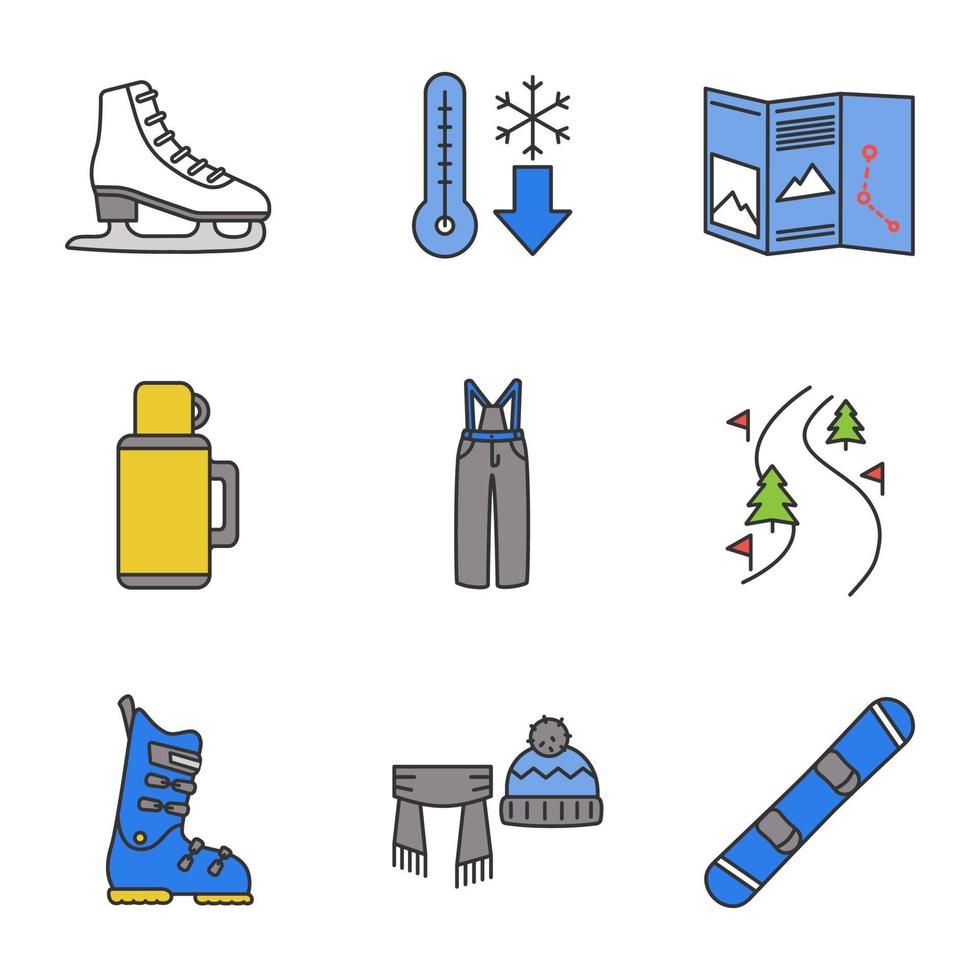 Winteraktivitäten Farbsymbole gesetzt. Schal und Mütze, kaltes Wetter, Karte, Thermoskanne, Skihose und -stiefel, Forststraße, Skate, Snowboard. isolierte vektorillustrationen vektor