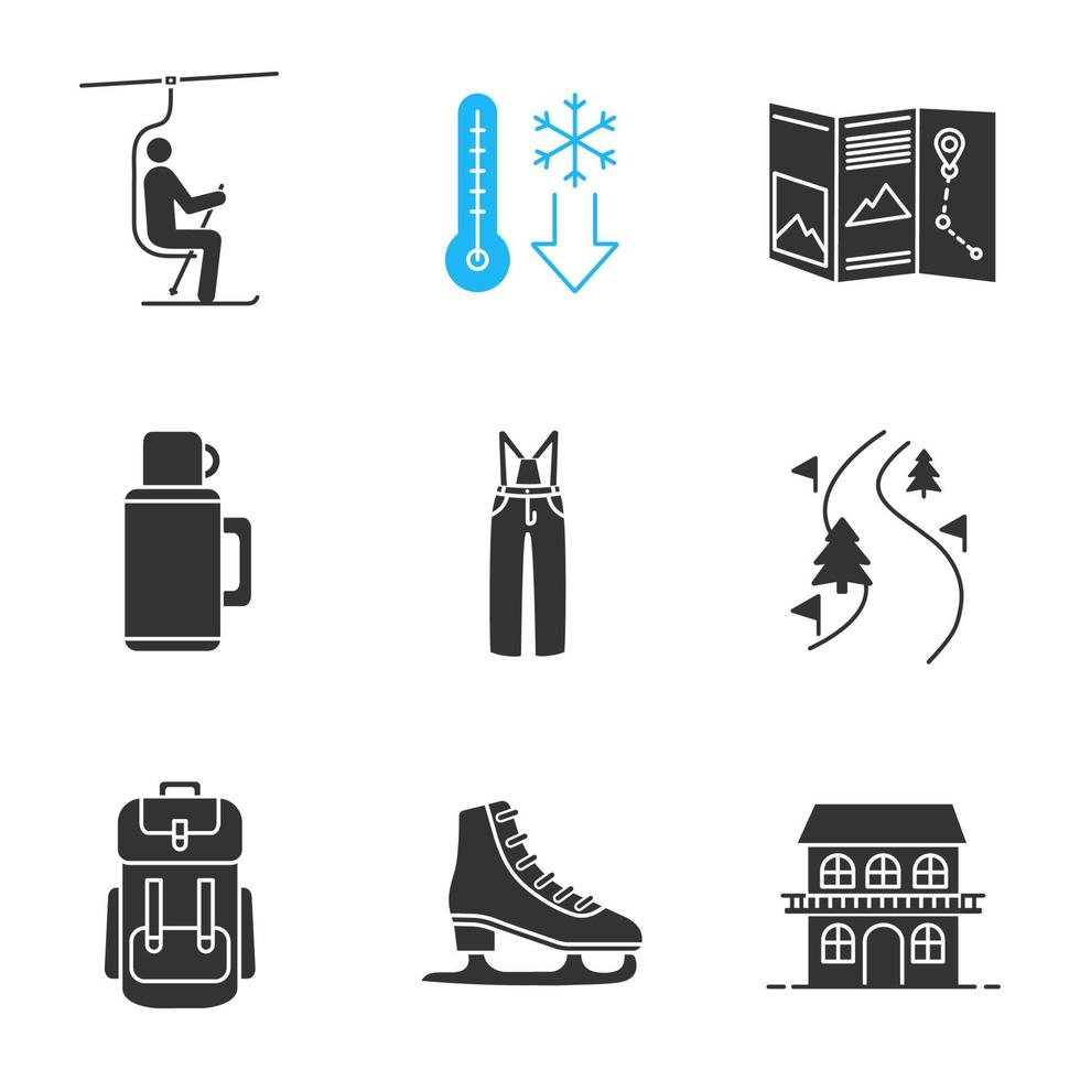 Winteraktivitäten Glyphe Icons Set. Sessellift, kaltes Wetter, Karte, Thermoskanne, Skihose, Forststraße, Rucksack, Skate, Hütte. Silhouette-Symbole. isolierte Vektorgrafik vektor