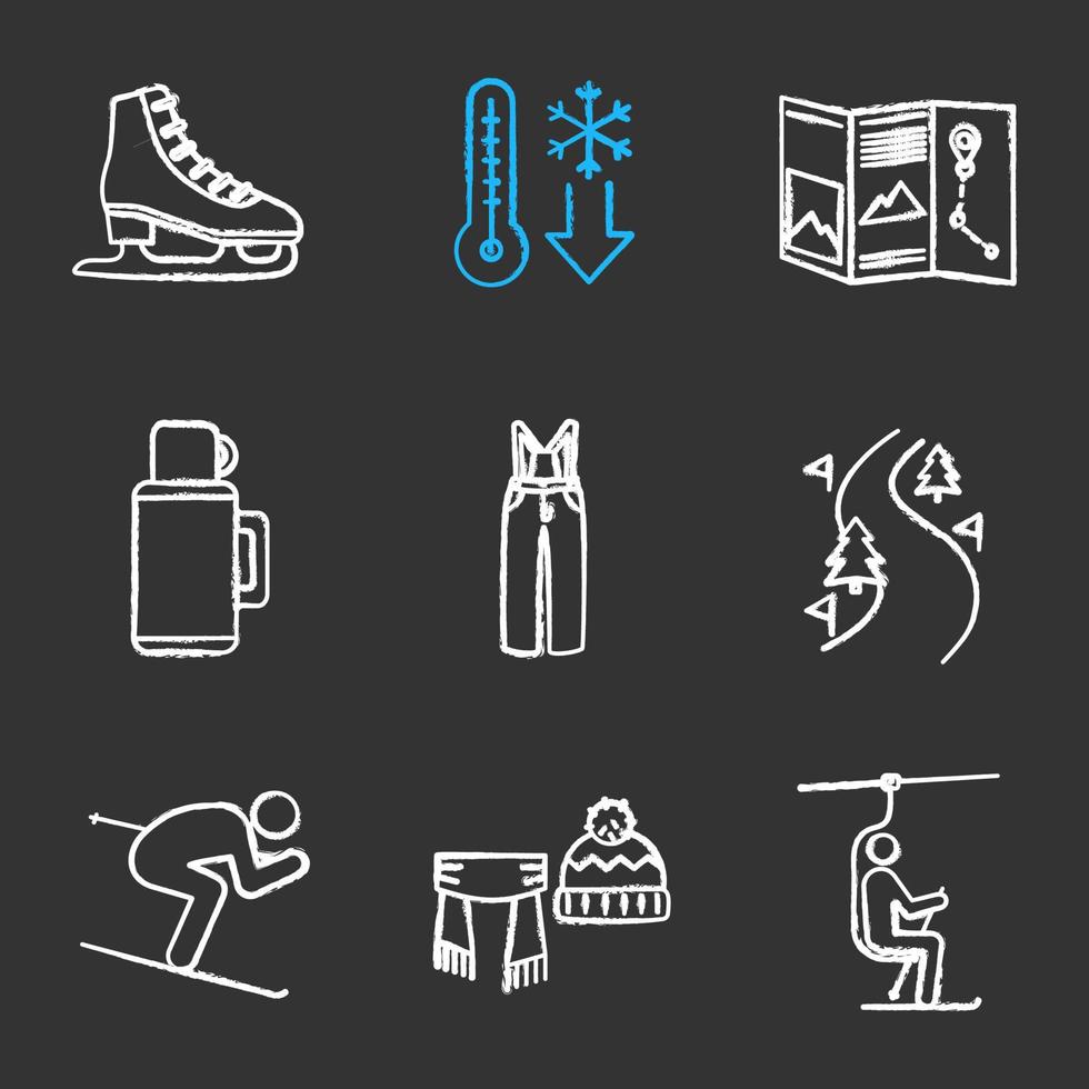 Winteraktivitäten Kreide Icons Set. kaltes Wetter, Karte, Thermoskanne, Skiroute, Skifahrer, Schal und Mütze, Sessellift, Schlittschuh. isolierte tafel Vektorgrafiken vektor