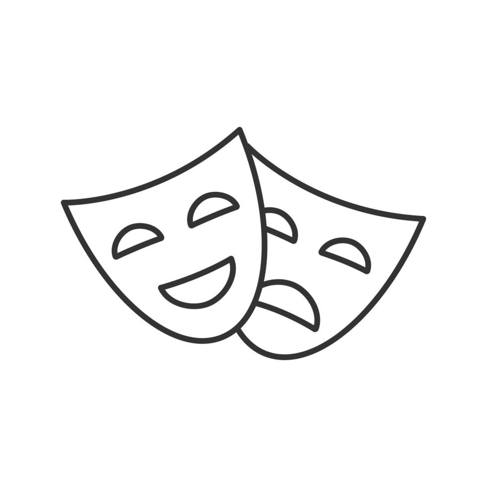 komedi och tragedi masker linjär ikon. tunn linje illustration. teater. drama. kontur symbol. vektor isolerade konturritning