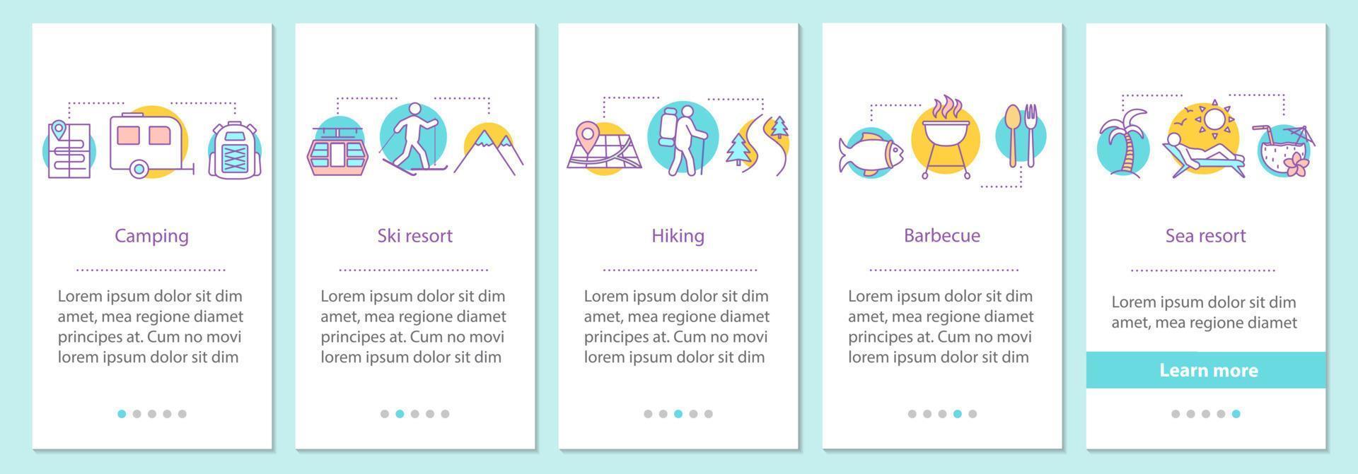 semester onboarding mobil app sidskärm med linjära koncept. camping, vandring, grill, skidorter och havsresorter steg grafiska instruktioner. ux, ui, gui vektormall med illustrationer vektor