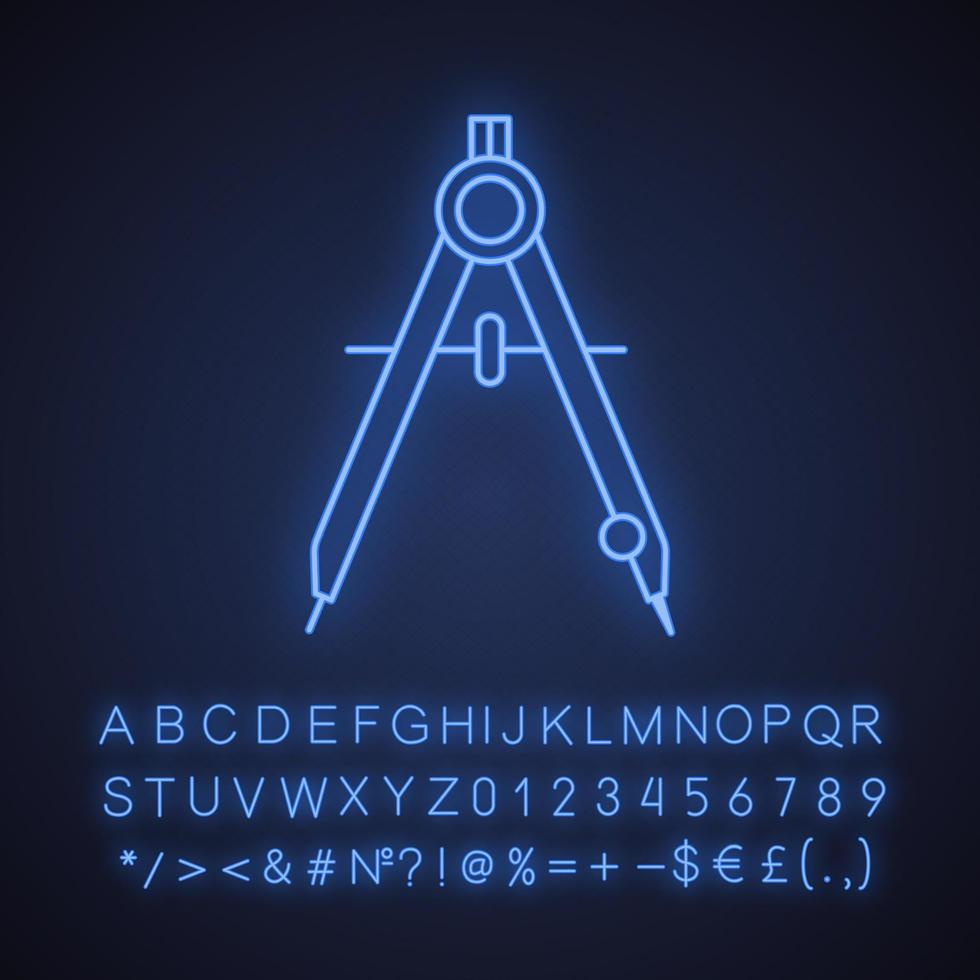 Zeichnung Kompass Neonlicht-Symbol. Teiler. glühendes Zeichen mit Alphabet, Zahlen und Symbolen entwerfen. isolierte Vektorgrafik vektor