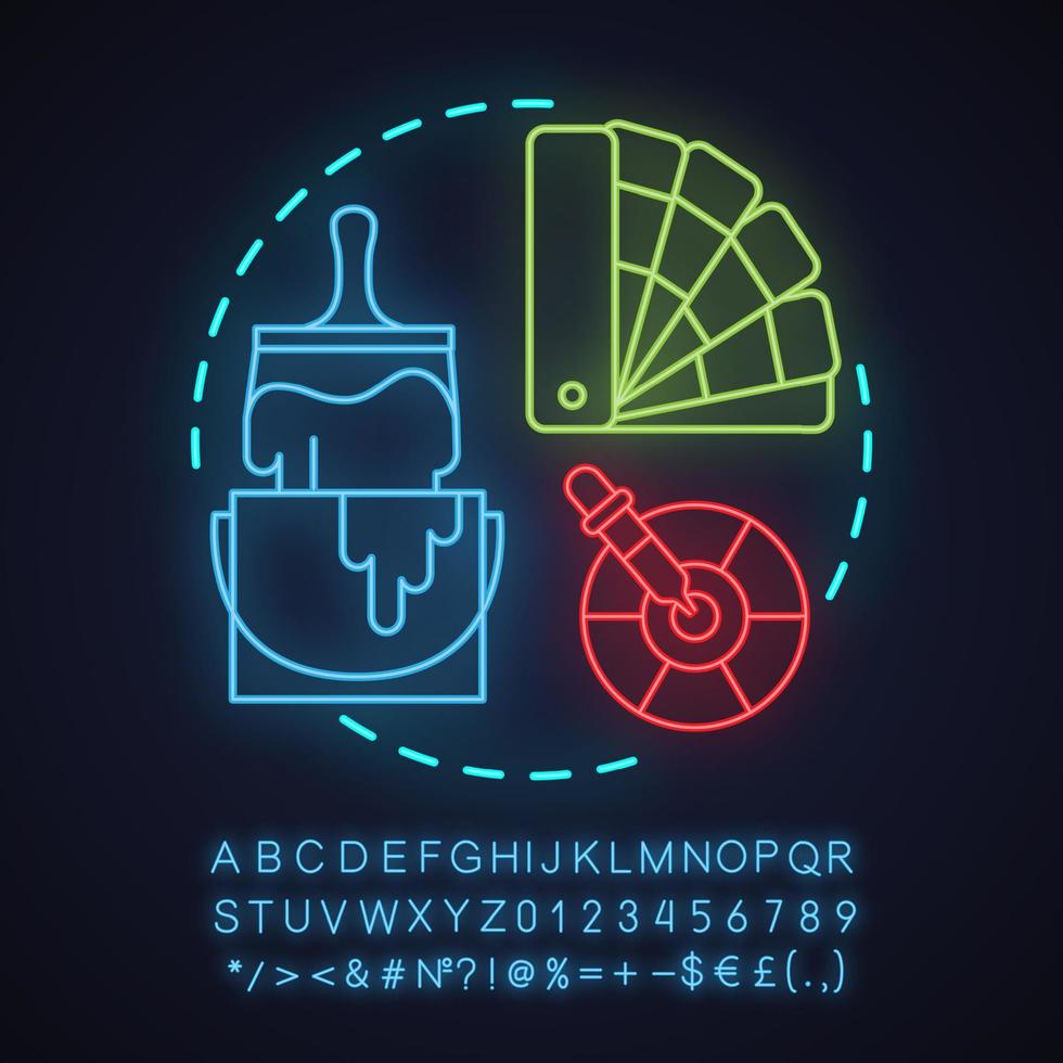 Symbol für Malerei und Dekoration Neonlichtkonzept. Innenarchitektur Idee. Renovierung. leuchtendes Schild mit Alphabet, Zahlen und Symbolen. isolierte Vektorgrafik vektor