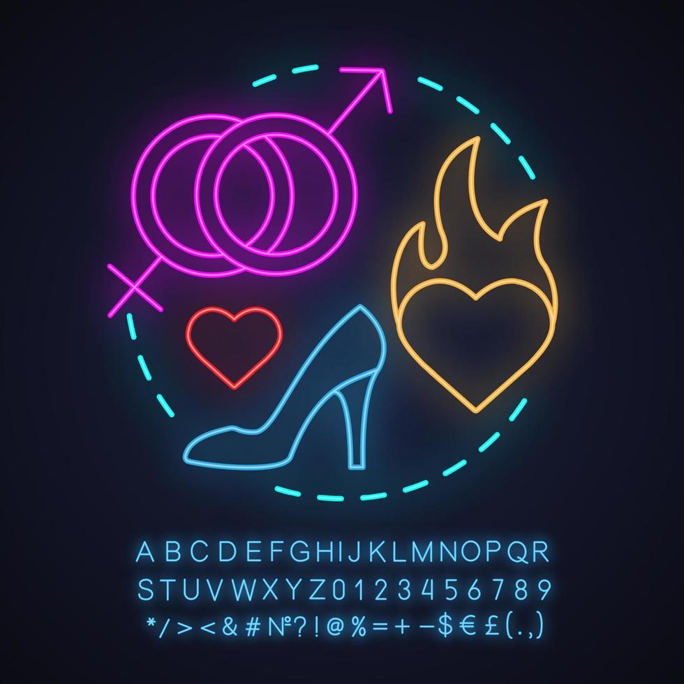 dejtingbyrå neon ljus koncept ikon. passion idé. romantiska intima relationer. glödande tecken med alfabet, siffror och symboler. vektor isolerade illustration