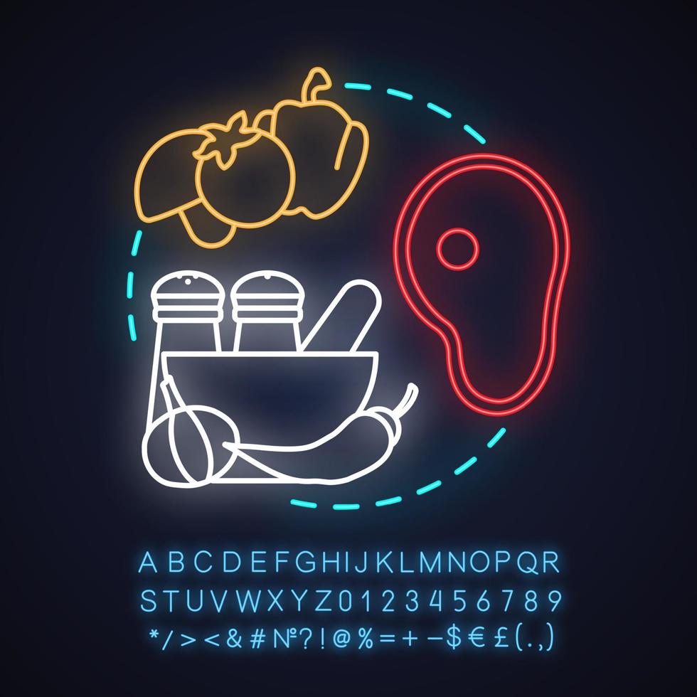 Symbol für das Neonlicht-Konzept des Restaurants. Idee für ein Lebensmittelgeschäft. Fleisch, Gemüse, Gewürze. leuchtendes Schild mit Alphabet, Zahlen und Symbolen. isolierte Vektorgrafik vektor