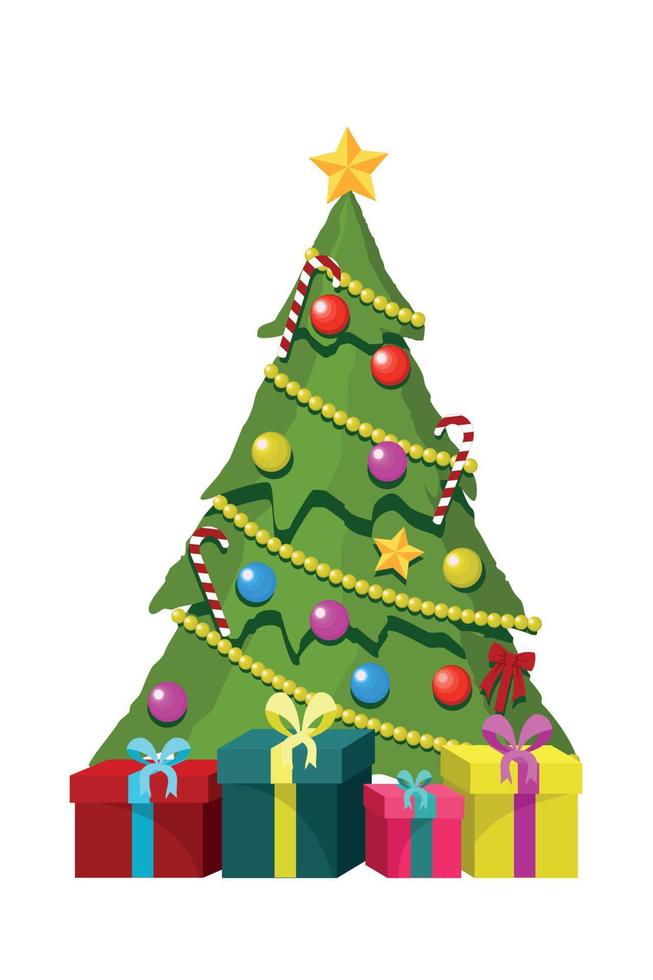 Weihnachtsbaum mit Geschenkboxen und Ornamenten vektor