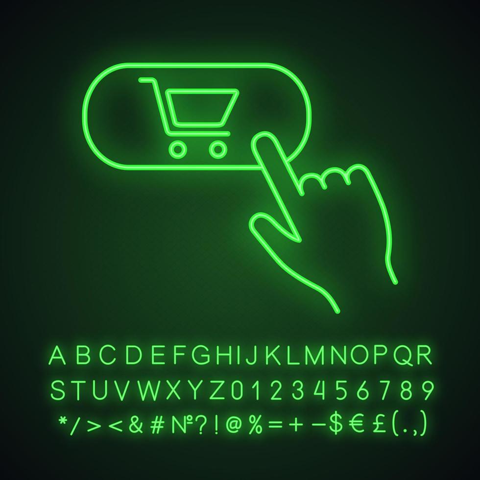 köpknapp neonljusikon. glödande tecken med alfabet, siffror och symboler. Lägg till i kundvagn. E-handel. digitala köp. vektor isolerade illustration