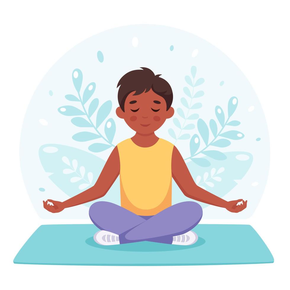 Junge, der im Lotussitz meditiert. Yoga und Meditation für Kinder vektor
