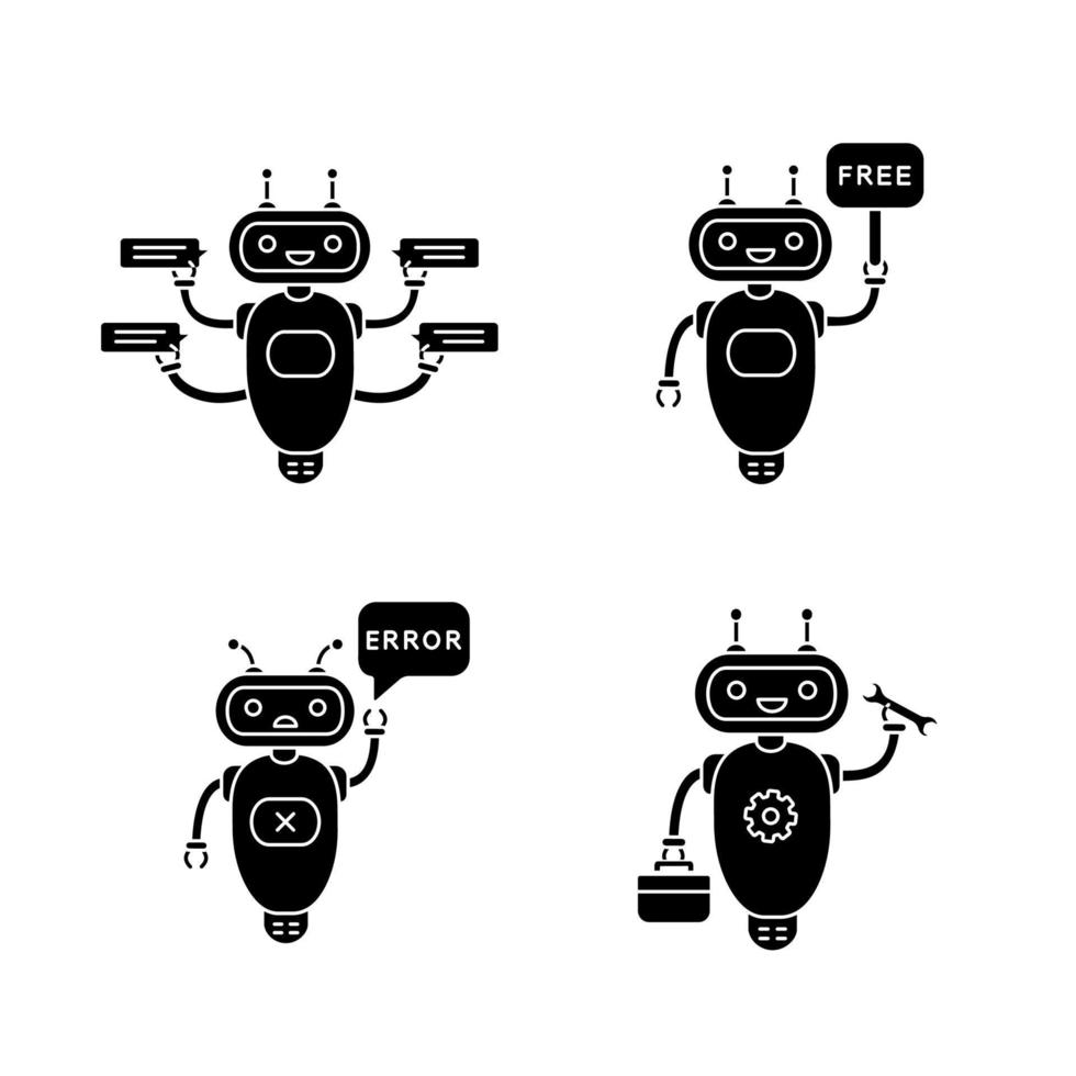chatbots glyfikoner set. talkbots. virtuella assistenter. supporttjänst, gratis, fel, reparera chattbots. moderna robotar. siluett symboler. vektor isolerade illustration