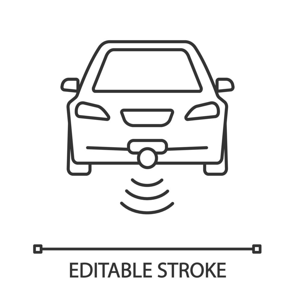 smart bil i frontvy linjär ikon. nfc auto. intelligent fordon. tunn linje illustration. självkörande bil. autonom bil. förarlöst fordon. vektor isolerade konturritning redigerbara stroke