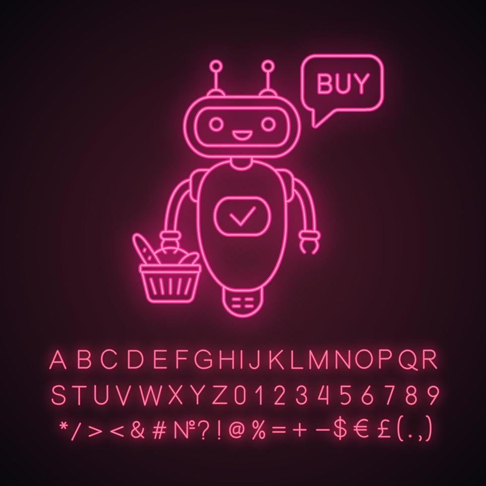 Online-Kunden-Chatbot-Neonlicht-Symbol. Talkbot mit Einkaufskorb sagt kaufen. moderner Roboter. virtueller Einkaufsassistent. leuchtendes Schild mit Alphabet, Zahlen und Symbolen. isolierte Vektorgrafik vektor