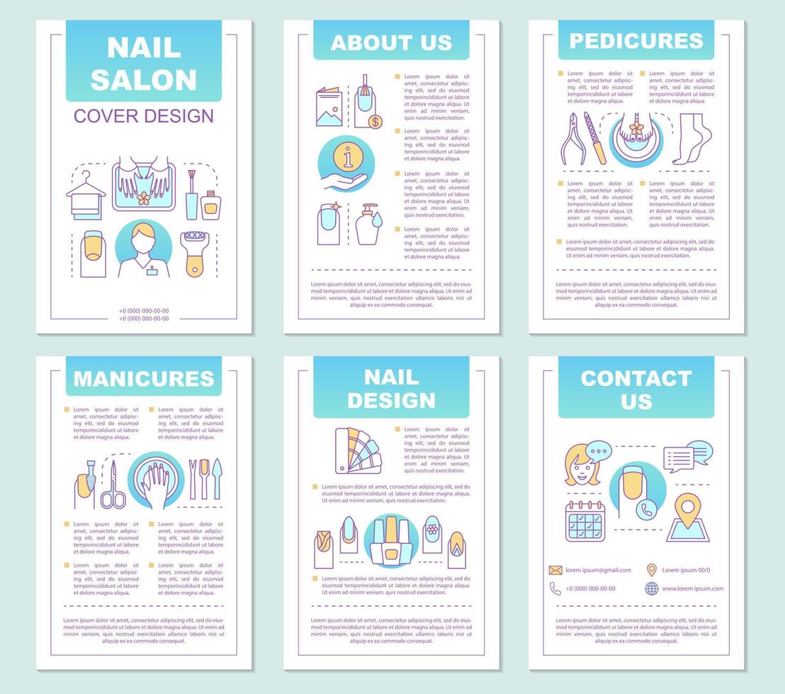 Nagelstudio Broschüre Vorlagenlayout. Maniküre Pediküre. Nageldesign, Behandlung, Politur. Broschüre, Broschürendruckdesign mit linearen Illustrationen. Vektorseitenlayouts für Zeitschriften, Berichte, Poster vektor