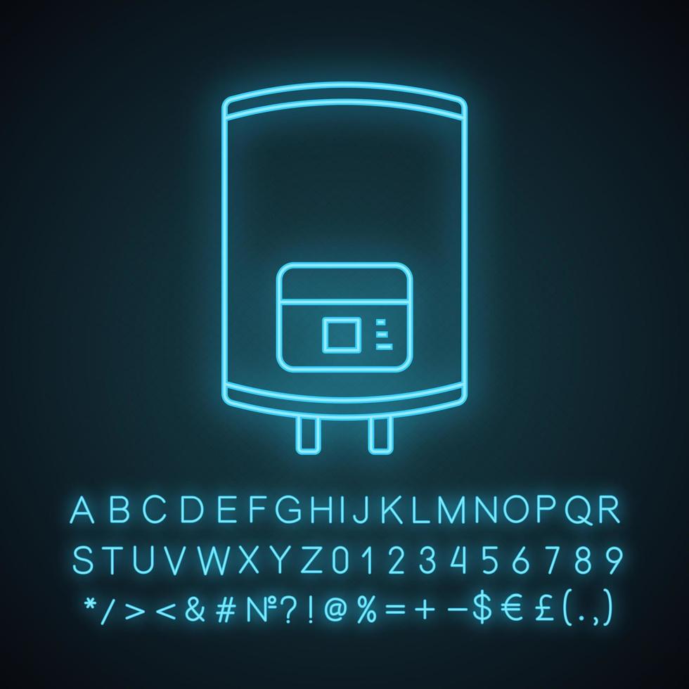 Symbol für elektrische Warmwasserbereitung Neonlicht. Wasser erhitzen. Heimkessel. leuchtendes Schild mit Alphabet, Zahlen und Symbolen. isolierte Vektorgrafik vektor