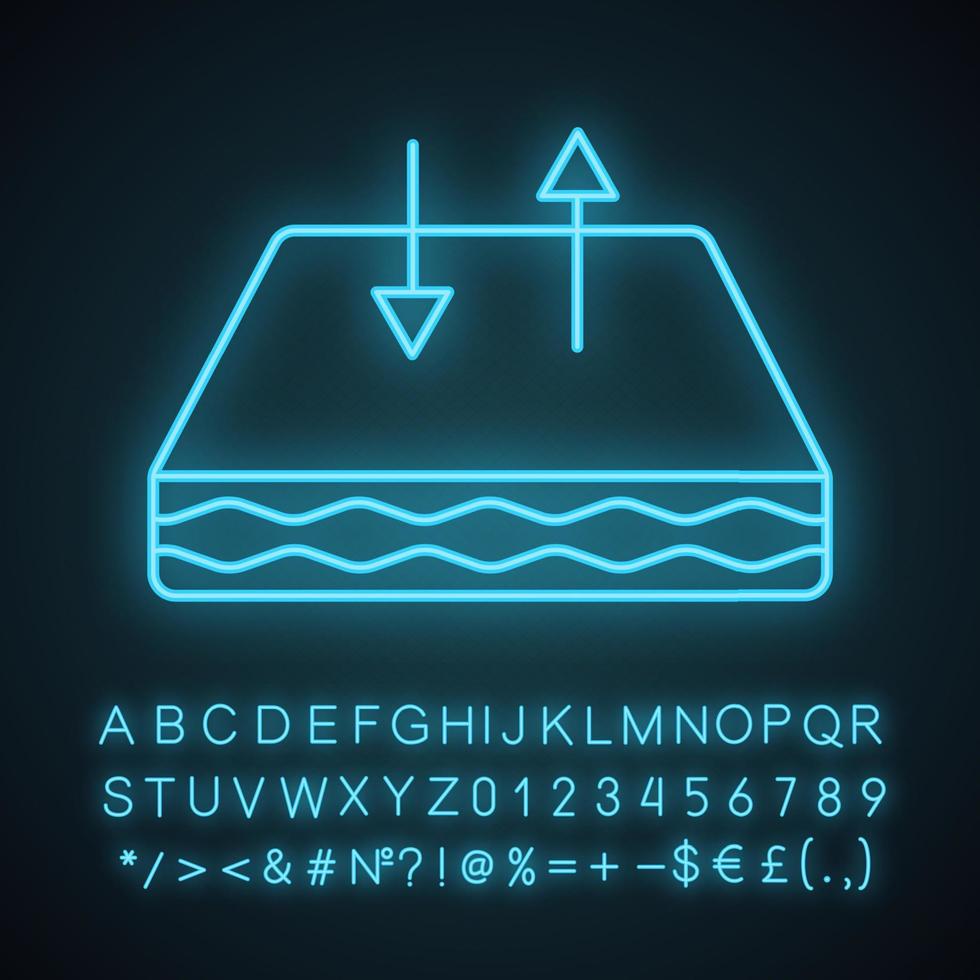 Atmungsaktives Matratzen-Neonlicht-Symbol. Kinderbettmatratze mit atmungsaktivem Bezugsstoff. Luftzirkulation. leuchtendes Schild mit Alphabet, Zahlen und Symbolen. isolierte Vektorgrafik vektor