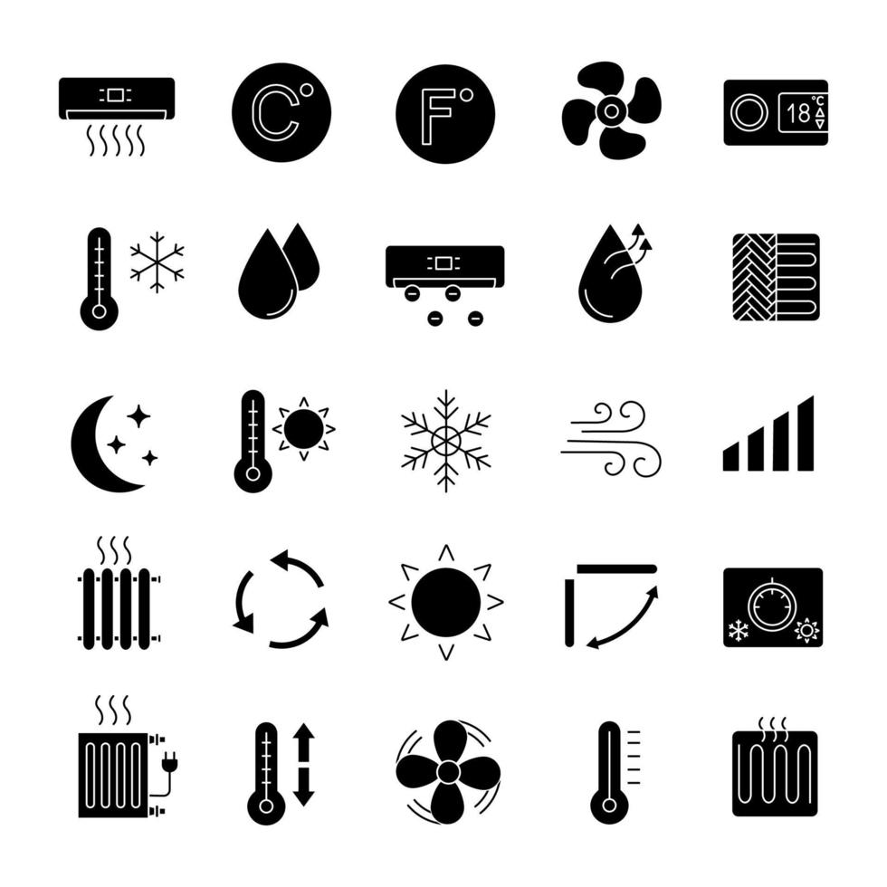 Klimaanlage Glyphe Symbole gesetzt. Lufterwärmung, Befeuchtung, Ionisation, Belüftung. Klimakontrolle. Silhouette-Symbole. isolierte Vektorgrafik vektor