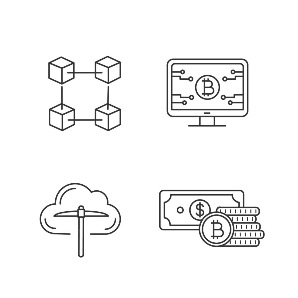 Bitcoin-Kryptowährung lineare Symbole gesetzt. Cloud-Mining, Sparen, Blockchain, offizielle Bitcoin-Webseite. dünne Linienkontursymbole. isolierte Vektor-Umriss-Illustrationen. bearbeitbarer Strich vektor