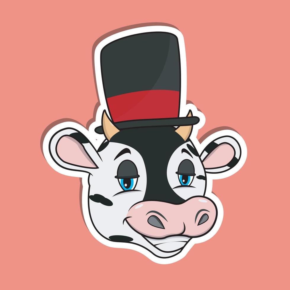 djur ansikte klistermärke med ko bär cirkus hatt. karaktär design vektor