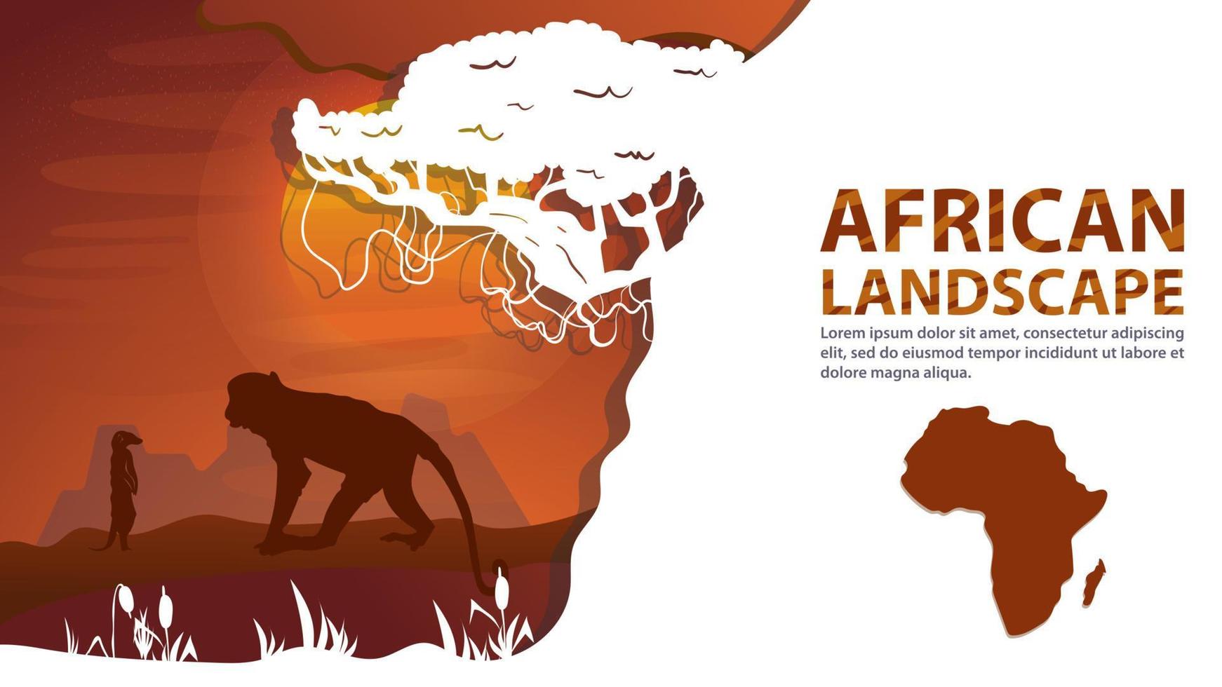 Afrikanische Landschaft im Stil von geschnittenem Papier für Designdekoration ein Affe und ein Erdmännchen stehen neben einem Baum vor dem Hintergrund des Sonnenuntergangs vektor